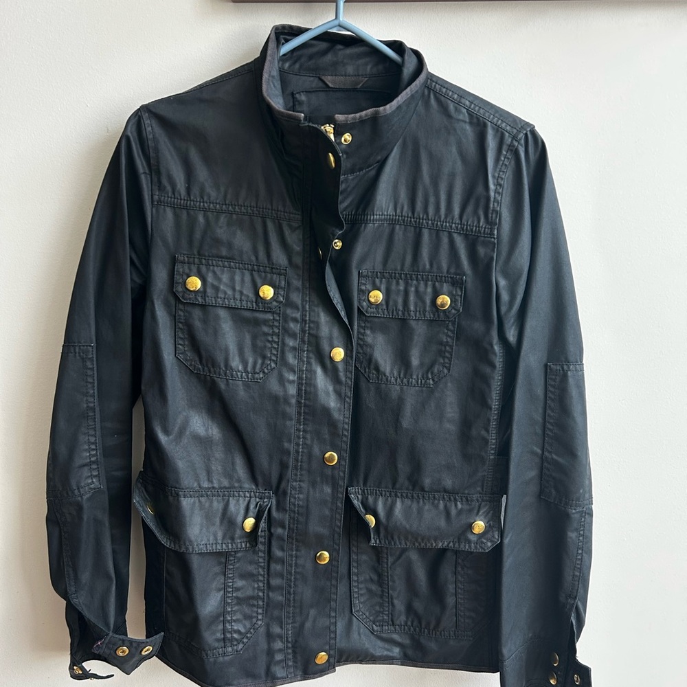 J Crew Black Wax Jacket with Gold Accents